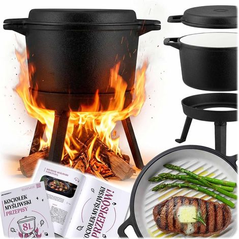 Pentola in ghisa smaltata da 8 litri con griglia per cucinare sul fuoco da campo. (1/5)