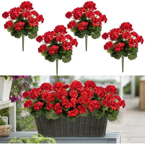 Lot de 4 géraniums artificiels rouges, résistants aux UV, adaptés à la décoration extérieure. (1/5)