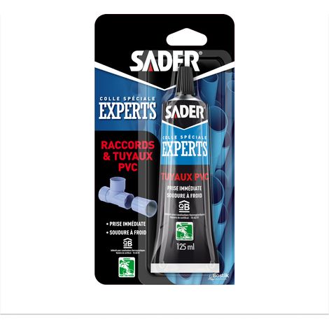 Sader Colle PVC Tuyaux et Raccords – Colle PVC pour Piscine, Plomberie, Gouttière – Colle Soudure à Froid – Prise Immédiate – Adaptée à l'Eau Potable – Avec Pinceau Applicateur – Tube 125 ml