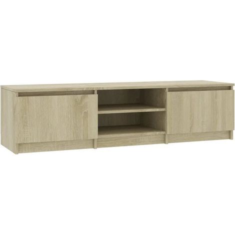 Meuble TV 2 portes 2 niches bois chêne clair Cyna 140cm (1/3)