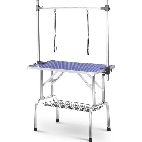 Table de toilettage pliable professionnelle pour animaux, équipée d'un bras de support portable, d'une laisse et d'une étagère en filet, bleue (1/5)