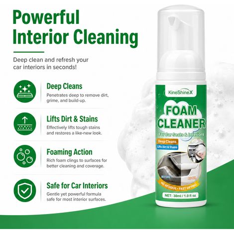 KineShineX Multi-Functional Car Foam Cleaner powerfully removes stains and oil from interior seats, dashboard, and other car surfaces. (1/4)