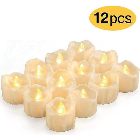 Bougies LED à minuterie, lot de 12 bougies chauffe-plat LED sans flamme, bougies électriques en cire véritable avec pile CR2032 (1/5)