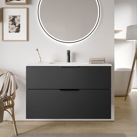 Waschtischunterschrank Bernstein TIM 100 cm mit Waschbecken Badmöbel: Schwarz matt, Metallgriff: Schwarz matt