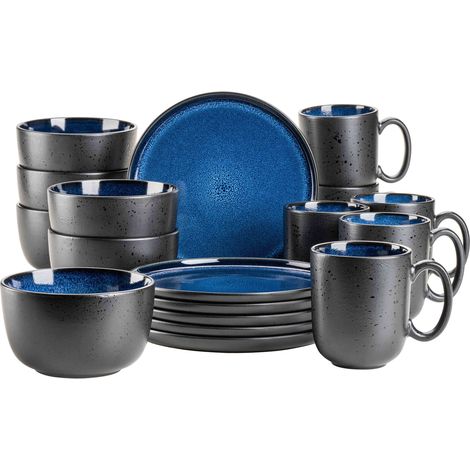 Service de table moderne pour 6 personnes au look vintage Service de petit-déjeuner 18 pièces en céramique Bleu et noir Grès (1/5)