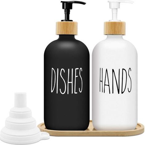 Matte Black and White Soap Dispenser Set 500ml Glass Soap Dispenser with Tray Dishwashing Liquid Dispenser Soap Dispenser for Kitchen and Shower (Black + White) (1/5)