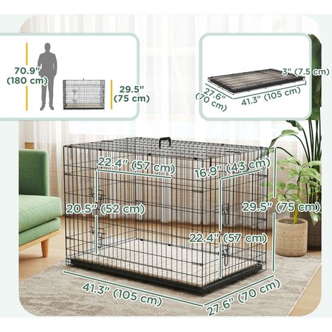Cage pour chien pliable en métal à double porte de 104 cm (41 pouces) avec coussin moelleux, plateau amovible et poignée. (1/5)