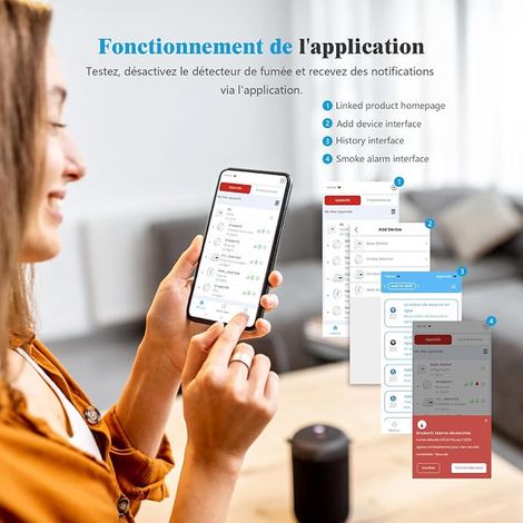 Détecteur de fumée connecté avec Station de Base, Alarme Incendie, avec Batterie remplaçable (1/2)