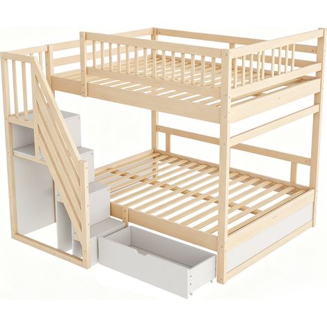 Letto a castello 140 x 200 cm in legno con scala contenitore, sponde di sicurezza e cassetti (1/5)