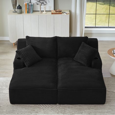 Komprimiertes Doppel-Chaiselongue-Sofa aus schwarzem Cordstoff mit Getränkehaltern – MEUBLIV (1/5)