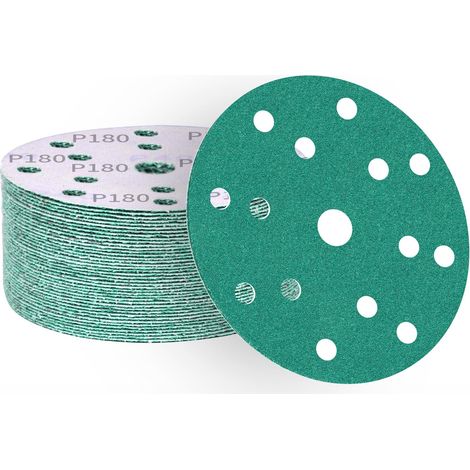 Disques abrasifs 150 mm grain 180, papier abrasif en alumine calcinée 15 trous, revêtement abrasif antiadhésif pour ponceuse orbitale (50 pièces) (1/5)