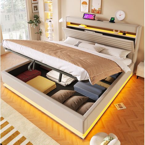 Bett Polsterbett Stauraum 180x200 mit LED Beige OKMYHOME (1/5)