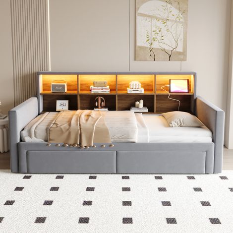 Canapé-lit convertible 90x190 cm, extensible 180 cm, tête de lit avec rangements, éclairage LED, prises USB, 2 tiroirs, sommier lattes, velours anthracite. (1/5)