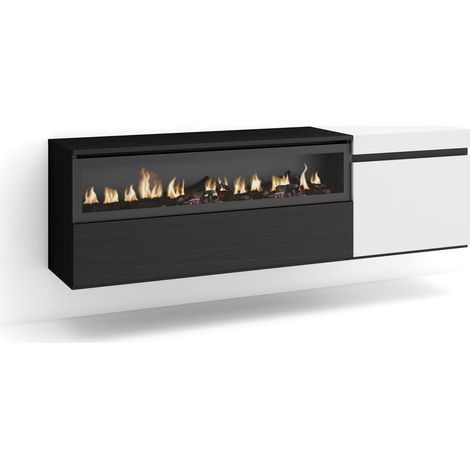Skraut Home - Mueble TV, Televisión, Muebles de salón, almacenaje, 150x45x35cm, Para TV hasta 65", Chimenea eléctrica, Colgado, Suspendido, Estilo Moderno, Blanco y negro (1/5)