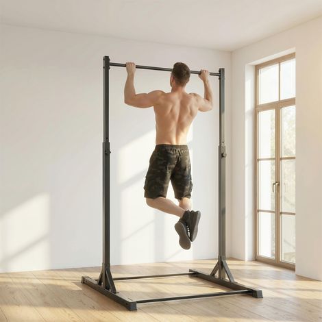 Station de musculation Power Tower de 200 kg avec barre de traction et 8 niveaux de hauteur, noire (1/5)