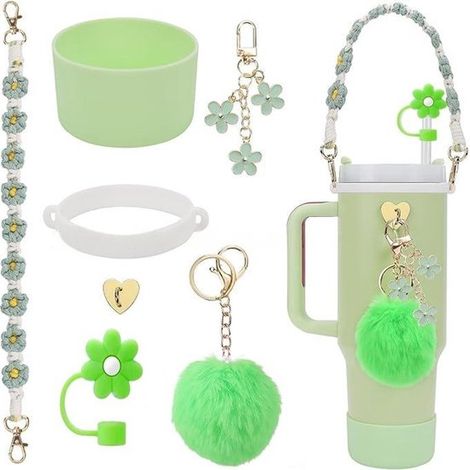 Dekorationsset für Wasserbecher passend für Stanley 40oz Becher enthält 1 Henkel 1 Strohhalm 1 Plüschaufhänger 1 Aufhänger 1 Silikondeckel für 1 grün (1/5)