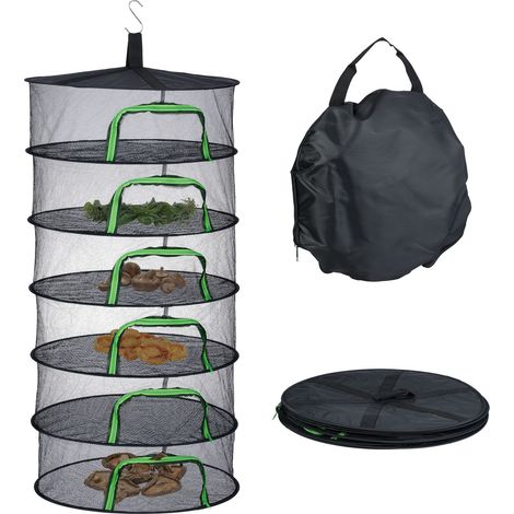 Relaxdays Hanging Drying Net, 6 Tiers, Food Dryer for Herbs, Fruit & Vegetables, Foldable Mesh Dehydrator, Black (1/5)