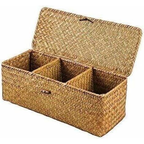 Panier de Rangement avec Couvercle Rectangulaire Coffre en Osier avec Compartiments Organisable Papier Toilette Snack Jouets (1/4)