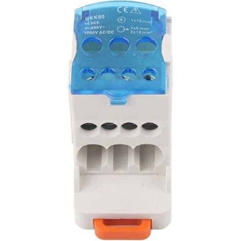 Caja de distribución eléctrica 16mm² – Bornier de 4 conexiones – Corriente nominal 80A – Encendido de nailon – Instalación sobre carril DIN