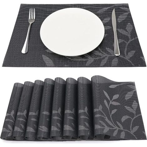 Lot de 8 Sets de Table Vinyle Résistant à l'usure à la Chaleur, Tissées pour Napperons de Cuisine 45 cm 30 cm, Feuilles Foncées (1/5)