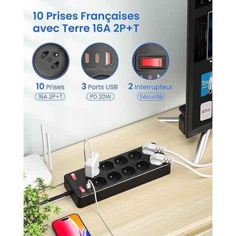 Power Strip with Switch, 10 French Sockets with Earth 16A 2P+T (1/4)