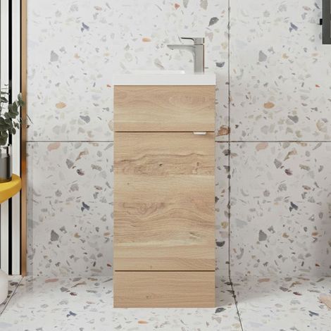 Hudson Reed Fusion Floor Standing 1-Door Vanity Unit with Compact Basin 400mm Wide - Bleached Oak (1/5)