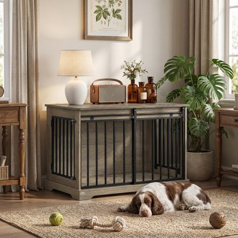 Cage Chien Bois et Acier Porte Coulissante, Niche Moderne, 100x60x68 cm, Effet Bois Gris (1/5)