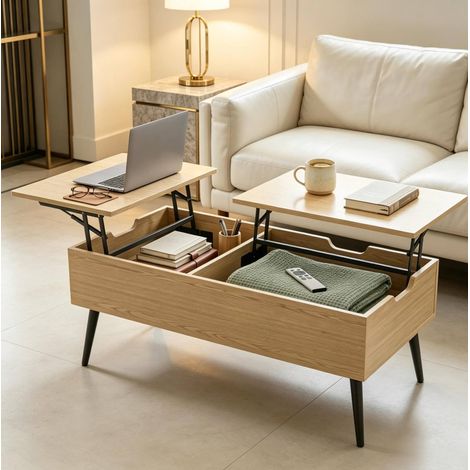 Tavolino da caffè sollevabile con contenitore 100 x 50 cm, effetto legno e nero, OKWISH (1/5)