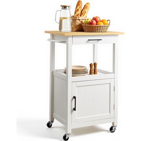 VEVOR Isla de Cocina con Armario de Una Puerta, con Cajón, Toallero y Ganchos, Mesa Portátil con Ruedas Giratorias, con Soporte para Microondas para Comedor, 45 x 59 x 91 cm, Blanco, Carga 62 kg (1/5)