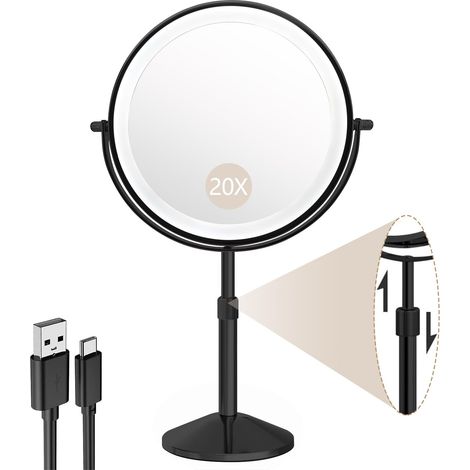 Miroir de maquillage avec éclairage de 20 cm, grossissement 20x avec lumière, miroir réglable en hauteur avec éclairage pour salle de bain, rotatif à 360° avec grossissement pour les détails. (1/5)