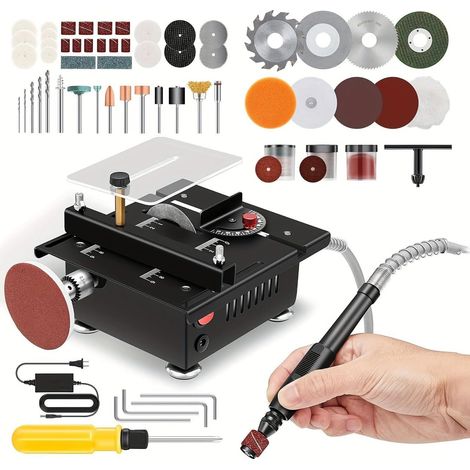 Mini Scie Circulaire de Table, 100w Scie Circulaire Compacte avec Ponceuse à Bande, Profondeur de Coupe Réglable De 0 à 16mm, 7 Vitesses, 4 Lames, Coupe de 0 à 90 ° Pour Travaux du Bois et Diy (1/5)