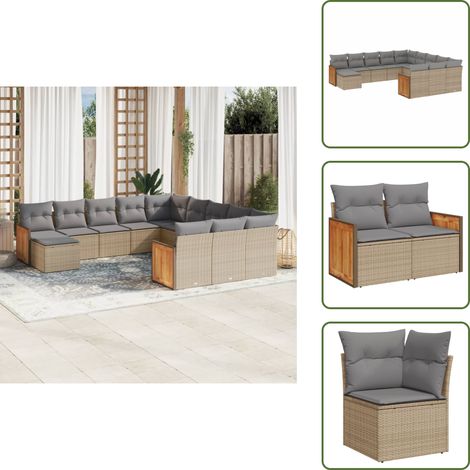 The Living Store 12-tlg. Garten-Sofagarnitur mit Kissen Beige Poly Rattan - Gartensorte - Gartenmöbelset - Rattan Möbel - Outdoor Lounge Set - Balkonmöbel
