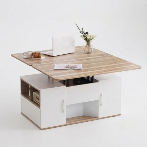 ELVMI Tavolino da Salotto Sollevabile con 2 Cassetti, 1 Anta e 2 Vani per Soggiorno, in Truciolare, 100 x 51 x 47 cm, Bianco (1/5)