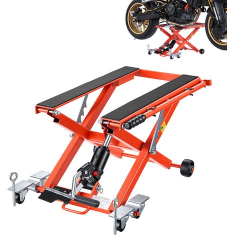 Mophorn Cric de moto à ciseaux hydraulique portable, capacité de 499 kg, plage de levage 12-38,5 cm, idéal pour motocross, équipé d'une commande au pied et d'une table élévatrice avec 6 roues (1/5)