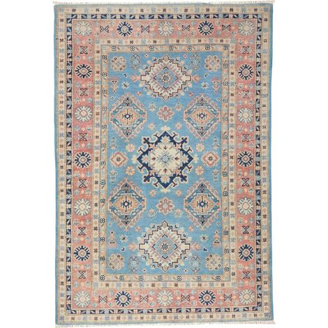 Tapis salon 120 x 176 cm, motif géométrique, bleu, beige et rose, en laine naturelle nouée main, décoration authentique (1/5)