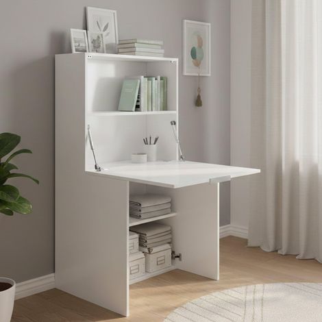 Bureau, Mobilier polyvalent avec étagères et plan de travail, Table de bureau polyvalente, Bureau multiposition gain de place, 70x35h140 cm, Blanc brillant (1/5)