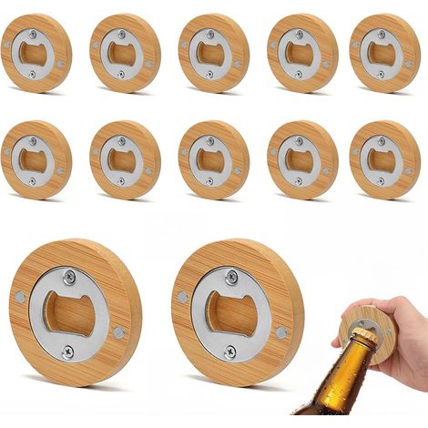 Juego de 12 abridores de botellas de madera, abridor de botellas redondo de acero inoxidable, abridor de botellas personalizado con imán, regalo para él, esposo, amigo, padre, abuelo. (1/5)