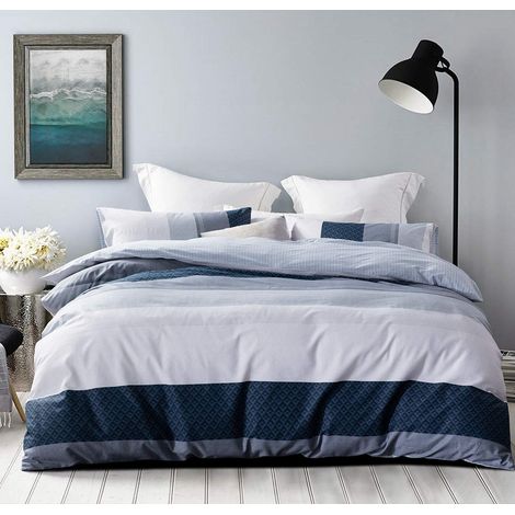 Parure de lit en Coton de 600 Fils au Pouce carré, Housse de Couette réversible à Rayures Blanches et Bleu Marine très Grand lit (1/5)