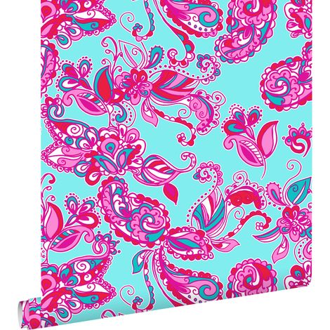 papier peint fleurs et paisleys turquoise et rose - ESTAhome (1/4)