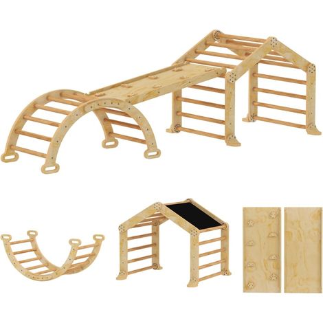Structure d'escalade 9-en-1 en bois avec toboggan, échelle et tableau, pour tout-petits (1/5)
