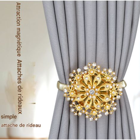 Lot de 2 Embrasses Rideau Aimantées Luxe Fleur Cristal Or – Attaches Magnétiques Alliage Fil à Ressort Sans Perçage, Boucles Déco Strass Salon Chambre Voilage (1/5)