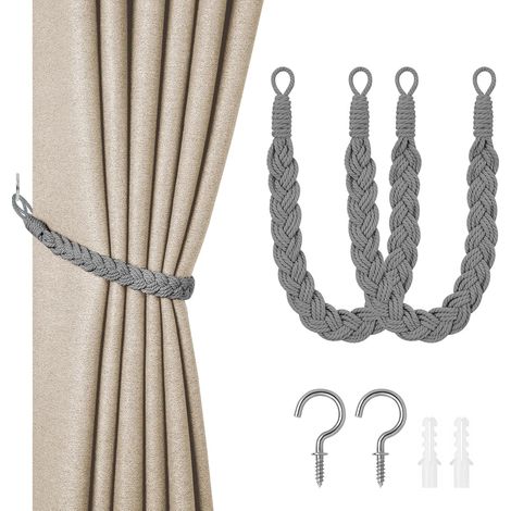 Attaches de rideaux grises, 2 pièces tissées main, corde tricotée pour décoration intérieure/extérieure. (1/5)