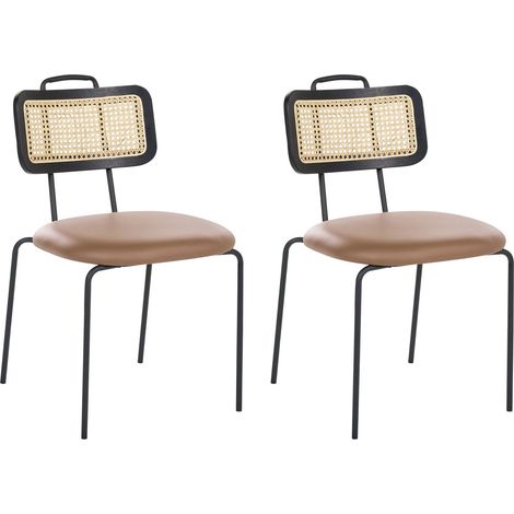 Lot de 2 Chaises de Salle à Manger en Cuir PU Dossier en Rotin PE Pieds en Fer Sans Accoudoirs Embout de Pieds Marron Adelanto