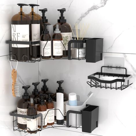 Étagère de Douche d'Angle Sans Percage 3 Pcs, Organisateur de Salle de Bain Adhésif en Acier Inoxydable Antirouille, Porte-Shampoing avce Etagere Salle de Bain Accessoire, Noir (1/5)