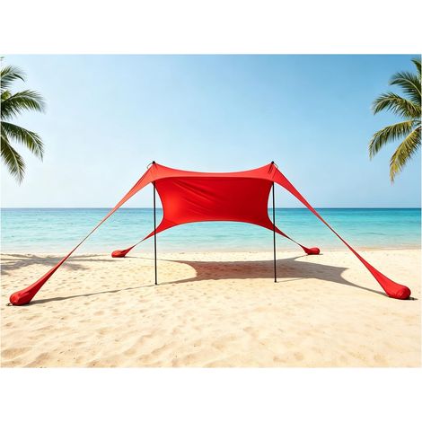 Tente d'ombrage auvent de Plage 4-5 Personnes Parasol Portable Anti-UV de Plage (Rouge) (1/5)
