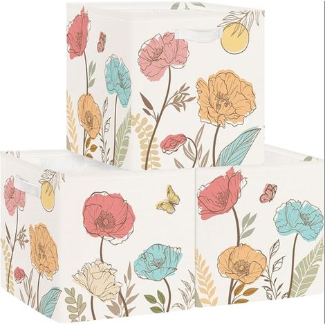 Boîtes de Rangement Fleur Sauvage Paniers de Rangement Cube Papillon Jardin Enfant Pliables Coffre à Jouets Garçons Filles pour Étagères Livres,Feuille Boho,30x30x30 cm (1/5)