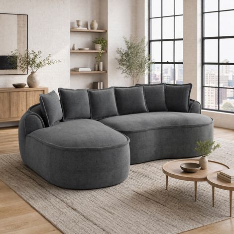 Sofá cama modular en L de chenilla gris, sin montaje, con chaise longue DESVIAE (1/5)