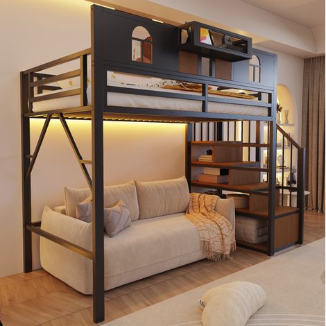 Cama alta 90x200 cm negra de metal con escalera de almacenaje e iluminación (1/5)