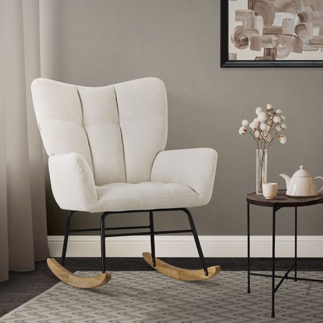 ML-Design Mecedora con Funda de Rizo Beige Tumbona con Guías de Madera Sillón Ergonómico Reclinable con Reposabrazos Diseño Elegante Mueble Tapizado para Relax Salón Dormitorio Balcón (1/5)