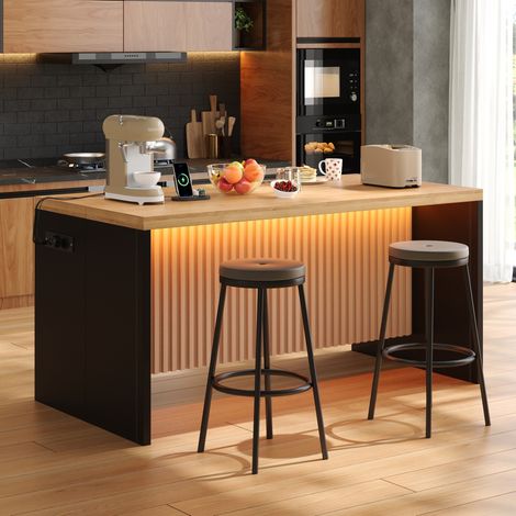 Isla de cocina (155x80x90 cm), con iluminación LED, enchufes y USB, estilo industrial, MDF, negro y natural